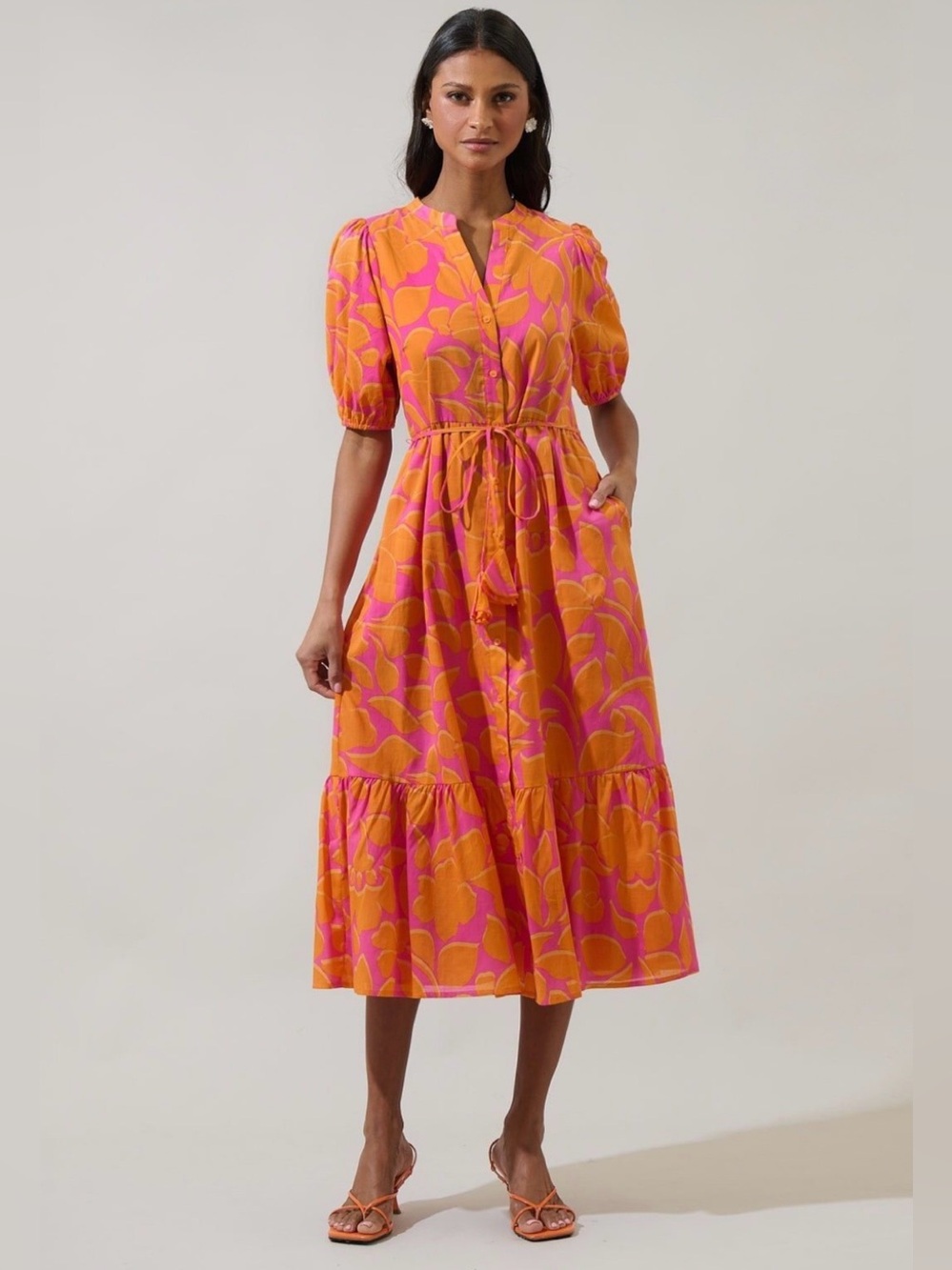 Sugarlips Bright Orange & Pink Floral Midi Dress - Effortless Summer Style Large